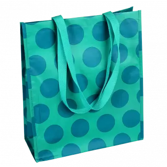 Recycled plastic shopping bag in turquoise with blue spots