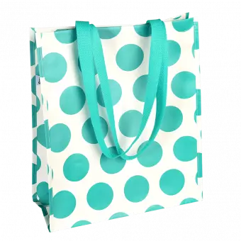 Recycled plastic shopping bag in cream with turquoise spots