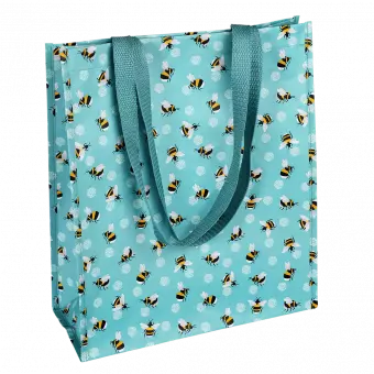 Recycled plastic shopping bag in turquoise with print of bumblebees