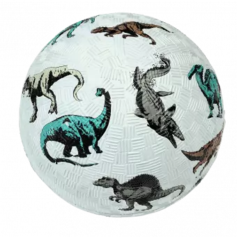 Pale blue inflatable rubber ball with dinosaur print