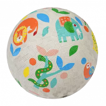 White inflatable rubber ball with colourful wild animal print
