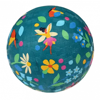 Dark blue inflatable rubber ball with fairies, flowers and butterflies print