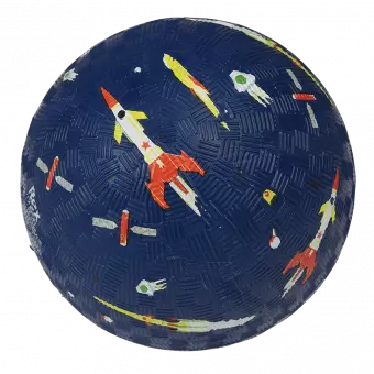 Navy blue inflatable rubber ball with space themed print