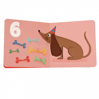 First book of numbers page with number 6 and picture of dog with bones