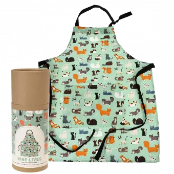 Nine Lives recycled cotton apron with fully recyclable cardboard tube