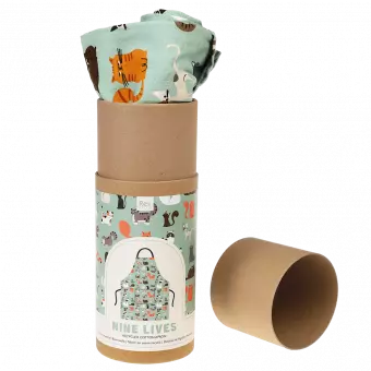 Nine Lives recycled cotton apron slightly pulled out of cardboard tube with lid off