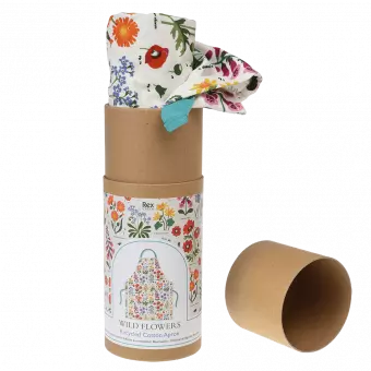 Wild Flowers recycled cotton apron slightly pulled out of cardboard tube with lid off