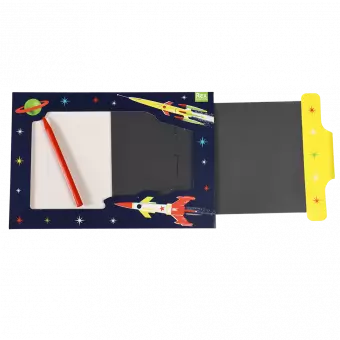 Space Age Magic Slate toy with tab slightly pulled out to erase doodle