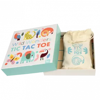 Wild Wonders wooden tic tac toe game box with lid removed to show contents
