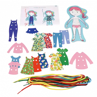 Dress-up dolly kit parts: string, card clothing pieces, figure card and instruction sheet