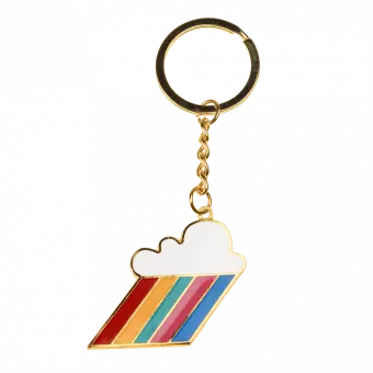Gold coloured keyring with cloud and rainbow-coloured beams charm