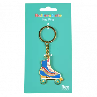 Keyring with roller skate charm attached to packaging