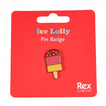 Ice lolly pin badge attached to packaging
