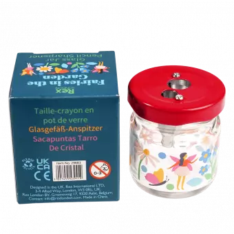 Fairies in the Garden glass jar pencil sharpener with box rear view with info