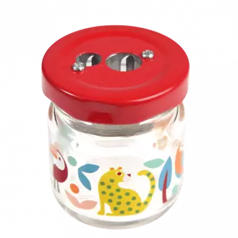 Pencil sharpener with glass jar decorated with colourful wild animals print