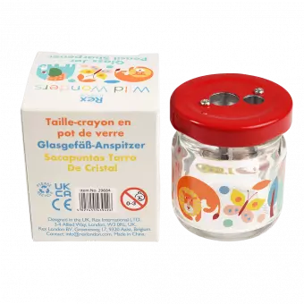Wild Wonders glass jar pencil sharpener with box rear view with info