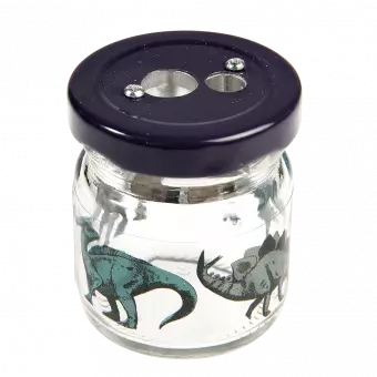 Pencil sharpener with glass jar decorated with dinosaur print