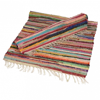 Multicoloured handloomed cotton rugs one rolled up and one partially rolled up