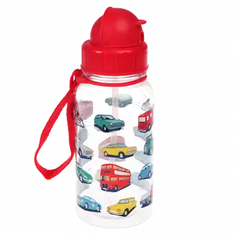 Children's water bottle with vintage cars and vehicles print, red lid and red carry strap