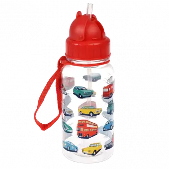 Children's water bottle with vintage cars and vehicles print showing straw