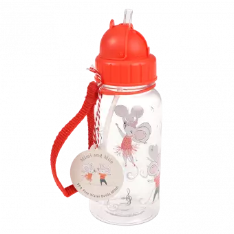 Children's water bottle with mouse characters Mimi & Milo print, red lid and red carry strap