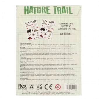 Nature Trail temporary tattoos card sleeve packaging back with information