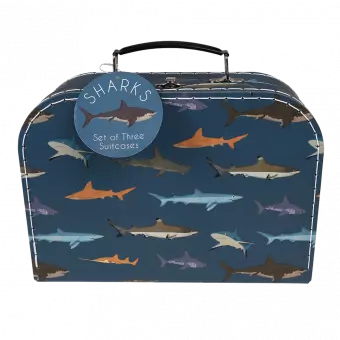 Cardboard storage case in dark blue with sharks print and white stitching and dark blue handle