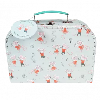 Cardboard storage case in pale aqua with dancing mouse characters print and white stitching and teal handle
