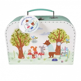 Cardboard storage case in white and pale green with woodland surgery scene print and teal stitching and handle