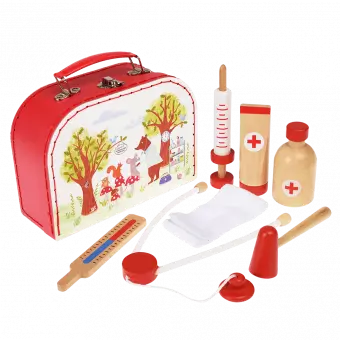 All wooden doctor's play set pieces with carrying case