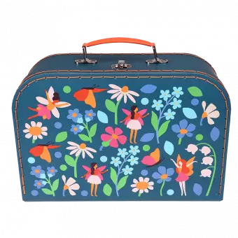 Tea party set carrying case in dark blue with fairies among flowers print