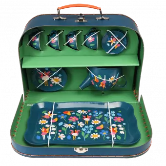 Metal tea party set pieces secured inside carrying case lid down