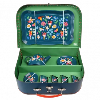 Metal tea party set pieces secured inside carrying case lid up