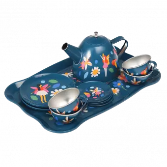 Fairies in the Garden tea party set with pieces stacked on serving tray