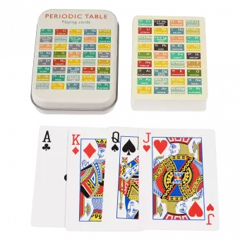 Standard deck of playing cards with print of periodic table on ecru background on backs plus metal tin