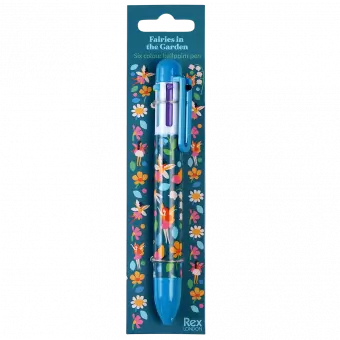 Six colour ballpoint pen with fairies among flowers print in packaging