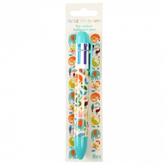 Six colour ballpoint pen with colourful wild animal print in packaging