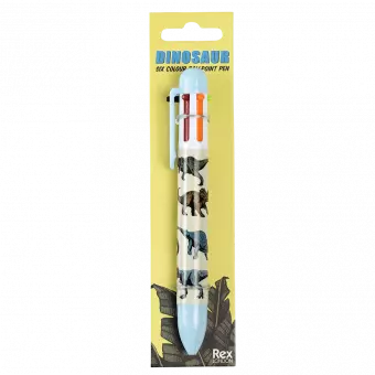 Six colour ballpoint pen with dinosaur print in packaging