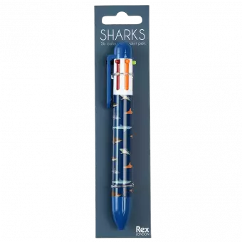 Six colour ballpoint pen with Sharks print in packaging