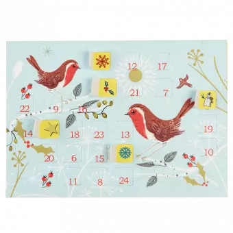 Winter Walk miniature advent calendar card with some doors opened to reveal images behind