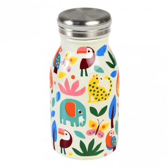 Stainless steel bottle in white with colourful print of wild animals