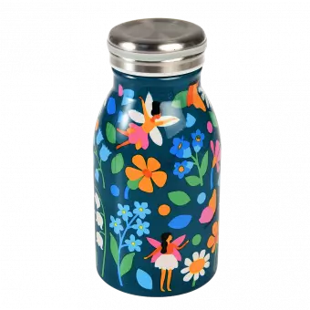 Stainless steel bottle in dark blue with print of fairies among flowers