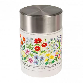 Stainless steel food flask in white with print of British wild flowers
