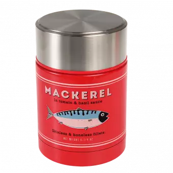 Stainless steel food flask in red with mackerel fish branding