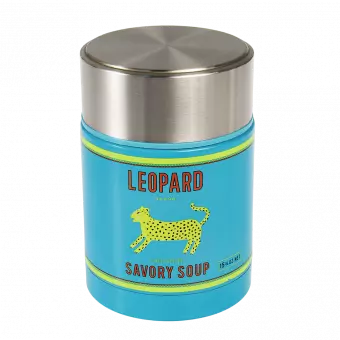 Stainless steel food flask in blue with Leopard Savory Soup branding