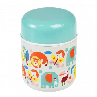 Children's stainless steel food flask in white with print of colourful wild animals and teal lid