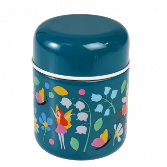 Children's stainless steel food flask in dark blue with print of fairies among flowers