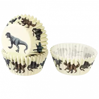 Cupcake cases in ecru with print of dinosaurs