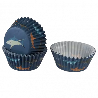 Cupcake cases in dark blue with print of sharks