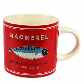 Ceramic mug in white with retro style mackerel fish branding